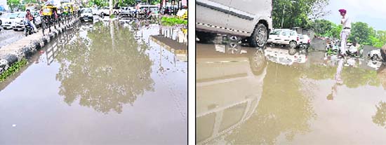 Just a few minutes of rain resulted in waterlogging of a service lane near the Feroze Gandhi market and (right) an inundated road in front of the court complex