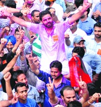 Gurwinder Singh (PUSU-INSO) with his supporters after being elected president of the Panjab University Campus Students Council.