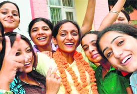 Arshveeer Kaur in a jubilant mood at Guru Gobind Singh College for Women, Chandigarh.