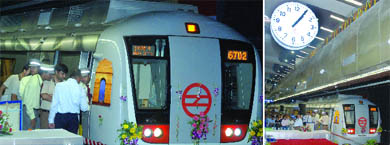 A Metro train at the Udyog Bhawan station during the flagging-off ceremony in New Delhi on Friday.