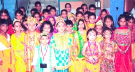 Students of Bachpan Play School, Jagjeetpur, during the Janmashtami and Teachers Day celebrations.