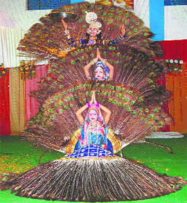 Sham Brij Lok Kala Manch artistes from Mathura present a colourful programme on the closing day celebrations of the district-level Janmashtmi fair at Jassur, near Nurpur, on Thursday.