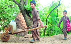 Adil accompanied by his younger brother Haider ferries potable water to home from a spring at Beoli village in Doda.
