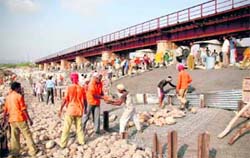 Construction work under way at Balol Bridge near Bari Brahmana in Samba district.
