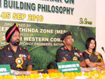 Lt Gen K Surendra Nath (second from left), GOC, 10 Corps, during a national seminar on Green Building Philosophy organised in Bathinda on Saturday