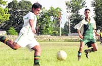 A player in action at the Senior Council Football Tournament in Dehradun 