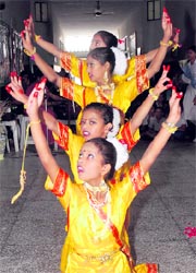Students of Prakash Public School celebrate Teachers Day in Karnal on Saturday.