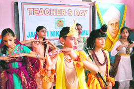 Students of Jagriti Niketan School perform during the celebration of Teachers Day in Jammu on Saturday.