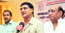 Nanak Chand, Chairman of the National Action Forum for Social Justice, at a press conference in Dehradun on Saturday