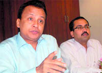 Vinay Gupta, Director, Trustline Group of Companies, addresses mediapersons in Dehradun