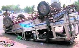 The jeep that overturned near Dariyapur village in Fatehabad on Sunday.