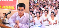 A student of Government SRML Higher Secondary School addresses students; and (right) students of Government Girls Higher Secondary School, Canal Road, attend a function organised to celebrate Teachers Day in Jammu