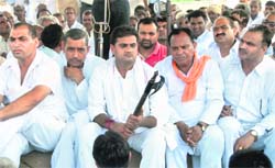 Members of the Haryana Brahmin Sangarsh Samiti during a protest at the rally ground in Sector 26, Chandigarh