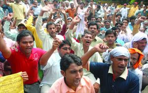 Domestic breeding checkers of MCD protest at Town Hall on Monday.