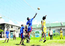 A match being played during the Inter-School Volleyball Tournament in Dehradun on Monday.