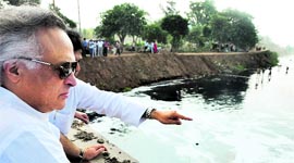 Union minister of state for environment Jairam Ramesh during his visit to the Budha Nullah in Ludhiana on Monday.