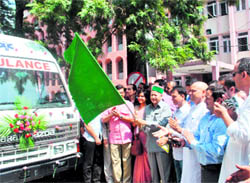 Union Steel Minister Virbhadra Singh flags off an ambulance donated to the Red Cross Society in Mandi on Tuesday.