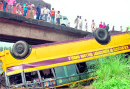 The college bus that fell off the Tangri bridge at Batour village on the Chandigarh-Naraingarh road on Wednesday