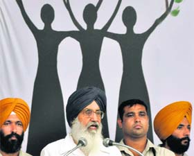 Chief Minister Parkash Singh Badal addresses a gathering after inaugurating a women empowerment and employment awareness centre at Mullanpur