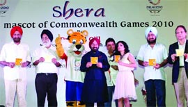 Union sports minister M.S. Gill launches a song on Shera, the Games mascot, in New Delhi on Thursday.