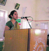 District and Sessions Judge Sneh Prashar addresses the gathering at a legal awareness camp in Rewai.