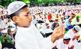 Muslims offer prayers on the occasion of Eid at the Sector 20 Jama Masjid in Chandigarh on Saturday.