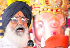 Punjab Chief Minister Parkash Singh Badal speaks during a ceremony on Ganesh Utsav in Ludhiana