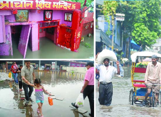 (Anti-clockwise) A temple submerged in flood near Old Iron Bridge on Sunday. People walk through a waterlogged stretch at Welcome Metro station. A rickshaw puller wades across a road near Hanuman Mandir in Yamuna Bazar