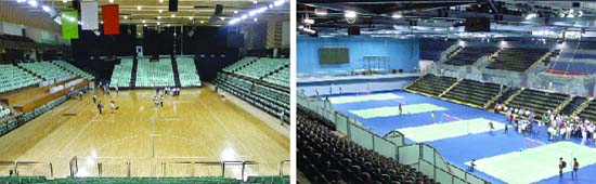 (From left to right) A view of the net ball court at the Thyagaraj Stadium during a media visit in New Delhi on Sunday. The badminton venue at the Siri Fort Sports Complex