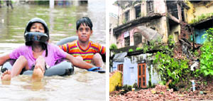 Children enjoy in a flooded street and a house damaged in the rain