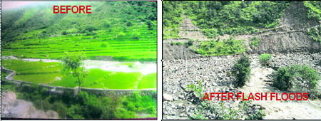 The area near Bilaundi bridge before and after the flash floods that occurred recently