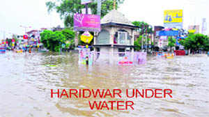 A scene of the Ranipur Mod in Haridwar on Sunday following incessant rain