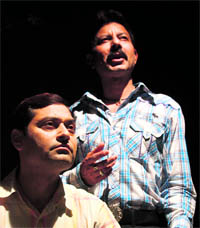 A scene from a play, Marnoprant, staged at Natrang Studio Theatre in Jammu on Sunday