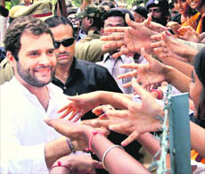 AICC general secretary Rahul Gandhi meets students during his visit to Shantiniketan, West Bengal, on Tuesday.