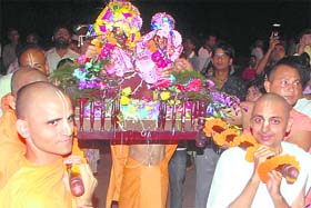 ISKCON devotees carry a palanquin of Radha Krishna at Hare Krishna Dham, Sector 36-B, Chandigarh