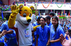 Commonwealth Games mascot Shera with children at Maharaja Agrasen Public School in New Delhi