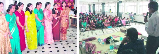 Students of the adult education programme sing; and the Director of the Jan Saksharta Sansthan addresses the gathering during World Literacy Week in Mussoorie on Tuesday