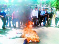 Members of the Gaddi Association burn an effigy of Bapu Asaram in Dharamsala on Wednesday. 