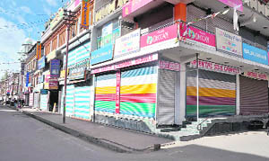 A deserted marketplace in Leh on Wednesday due to a half-day shutdown against the alleged sacrilegious act in the USA.