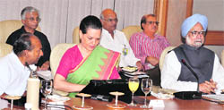 (From right) Prime Minister Manmohan Singh, AICC chief Sonia Gandhi and Defence Minister AK Antony at the all-party meet on J&K crisis, in New Delhi on Wednesday.