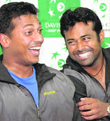 Tennis players Leander Paes and Mahesh Bhupathi during the pre-draw press conference of the Davis Cup in Chennai on Wednesday.