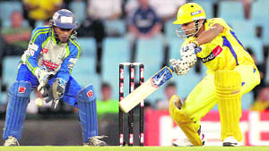   CSKs Murali Vijay (R) plays a shot against Wayamba during their Twenty20 cricket match at Centurion on Wednesday.