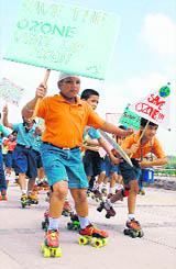 Students take out a rally on skates at Sukhna Lake