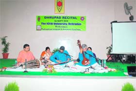 Gundecha brothers perform at a vocal music programme at ICFAI University in Dehradun