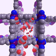 A computer generated image from the school of chemistry at the University of Sydney shows the molecular structure of highly porous three-dimensional solids known as metal-organic frameworks that can filter and capture gases such as carbon dioxide (CO2), The researchers say the molecular sponges are more robust than those used in the past. 