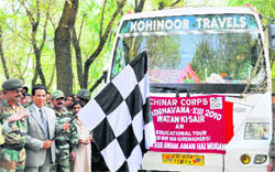 RS Chib, Minister for Medical Education, Technical Education and Youth Services & Sports, flags off an educational tour of schoolchildren from the 10 RR Headquarters at Hyderbeigh