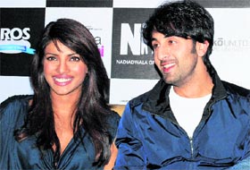 Bollywood actors Priyanka Chopra and Ranbir Kapoor during a promotional event of their upcoming film Anjana Anjani in New Delhi on Thursday.