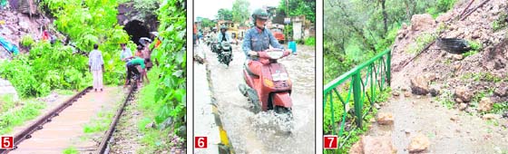 (5) A railway tunnel blocked near Haridwar; (6) A girl drives her scooter on a flooded road; and (7) The spot of a landslide in Mussoorie. Tribune photographs