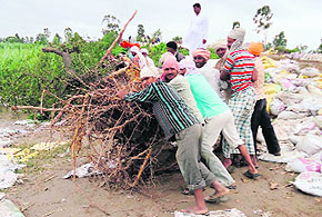 Labourers try to plug a breach at Mustafabad in Karnal on Sunday. 
