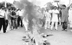 The youth wing of the Indian National Lok Dal and INSO burn an effigy of Haryana Home Minister Gopal Kandal in Sector 2, Panchkula,